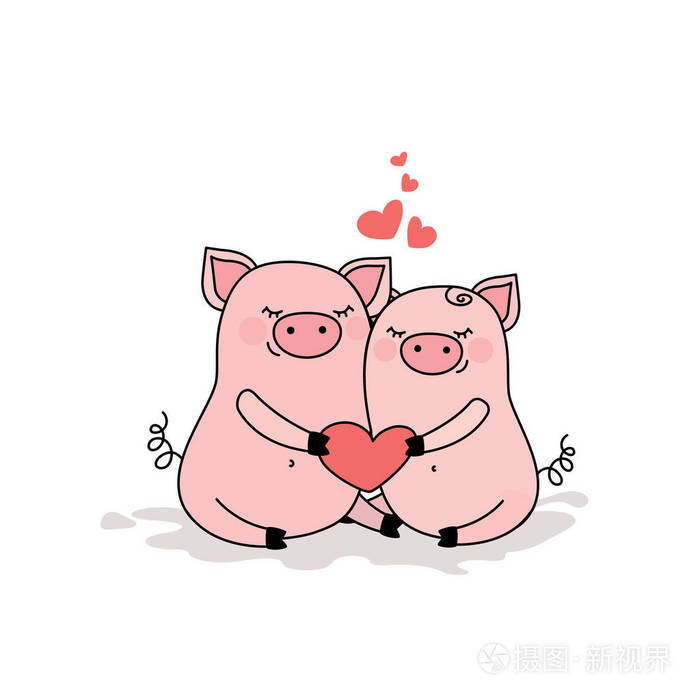 两只相爱的猪两只可爱的动物在白色背景平面矢量插图上分离了声音