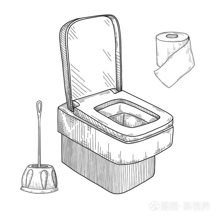在白色背景上隔离的马桶和其他洗漱用品的草图. 向量