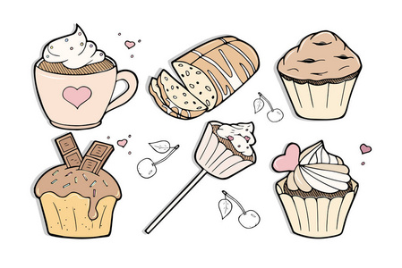 矢量插图的不同甜美味蛋糕集。纸杯蛋糕，蛋糕，松饼，巧克力火锅，棍子，德国斯托伦，樱桃，面包店，糖果店。老式手绘雕刻风格