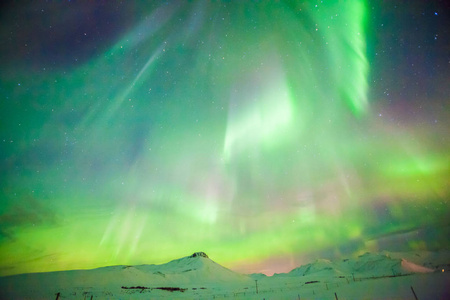北极光或更著名的北极光在冰岛雷克雅未克冬季的背景视图