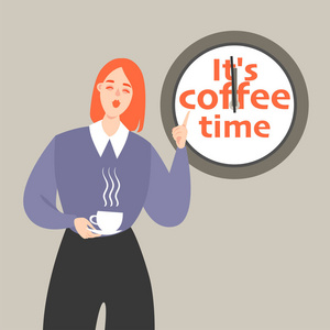 一个女孩的矢量插图与一杯咖啡显示在时钟上。 咖啡停顿的象征形象