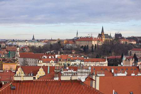 捷克共和国布拉格有传统红色屋顶的房子。 上文视