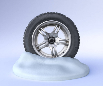 雪轮胎在雪3d 渲染在蓝色