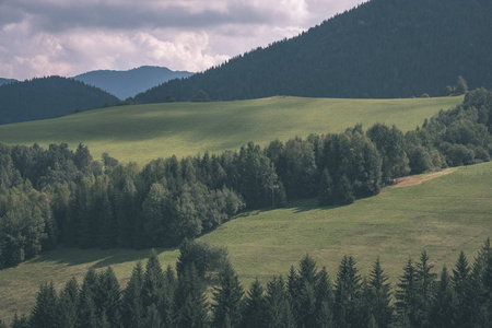 美丽的西方喀尔巴阡山天际线与绿色的田野和森林在前景。 斯洛伐克登山步道夏季