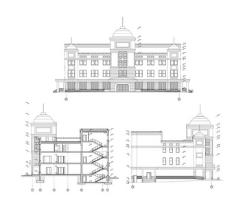 多层建筑立面及剖面图，详细建筑技术图，矢量蓝图