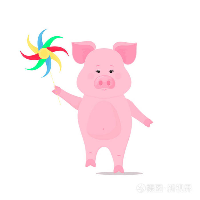 可爱的猪走路,留着一个风车玩具. 有趣的动物. 小猪卡通人物.