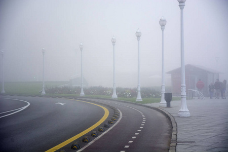 一条有雾的路和几盏路灯的照片