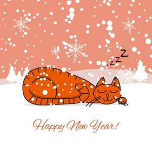 圣诞贺卡设计与熟睡的猫
