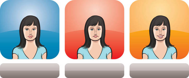矢量插图深色头发的女人脸在三种表情中性悲伤和快乐的头和肩膀组成。 分层向量EPS10格式文件。