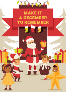 圣诞节2019平安新年贺卡圣诞老人和快乐的孩子孩子服装矢量背景横幅假期冬季圣诞手提请祝贺新年海报或网页横幅插图
