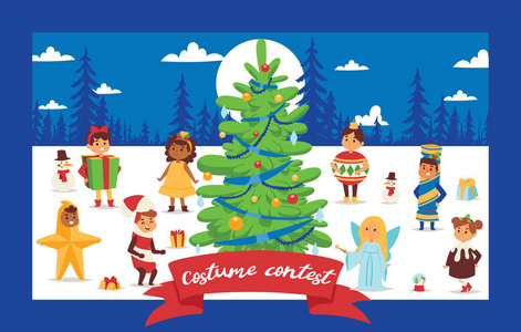圣诞2019新年快乐贺卡快乐的孩子孩子服装矢量背景横幅假期冬季圣诞祝贺新年海报或网页横幅插图