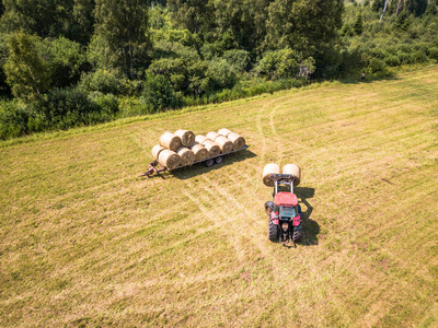 农民用红拖拉机在麦田收获干草的空中钻孔照片阳光明媚的夏日
