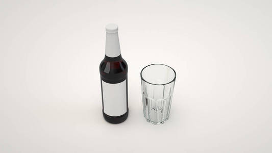 模拟高棕色啤酒瓶0.5l与空白白色可和一个空玻璃在白色背景。 设计或品牌模板。 三维渲染图