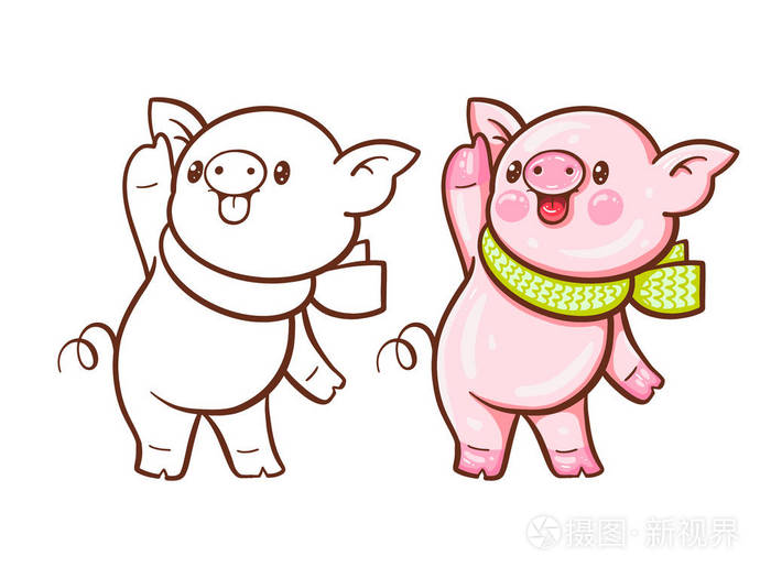 冬季插图与可爱的卡通猪 油漆和单色版本 向量