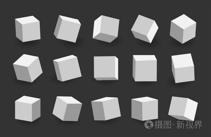 白色3d立方体包装隔离在黑色背景不同的光透视和角度矢量插图