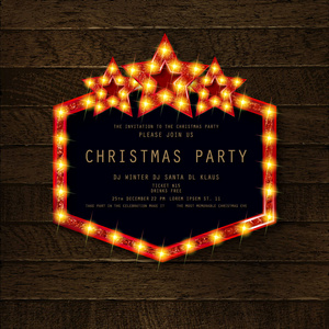 邀请圣诞快乐派对海报。 在木制背景上。 矢量插图