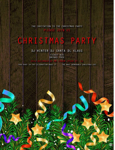 邀请圣诞快乐派对海报。 在木制背景上。 矢量插图