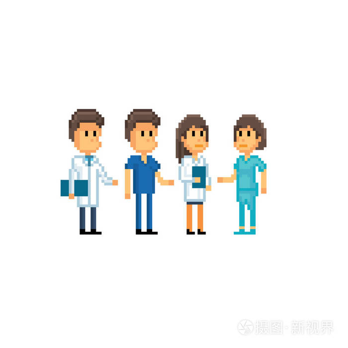 医务人员团队.像素艺术.旧学校的电脑图形.8位电子游戏.