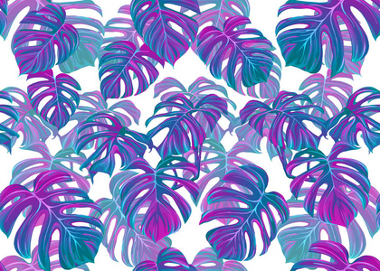 热带树叶无缝图案的霓虹灯颜色。 彩色矢量插图。 孤立在白色背景上。