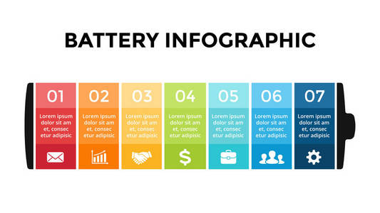 矢量电池信息图模板。演示文稿幻灯片模板。商业理念, 包括7个选项部件步骤流程