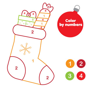 圣诞着色页。 儿童教育游戏。 彩色礼物袜子。 为幼儿绘制可打印的活动。 新年假期主题