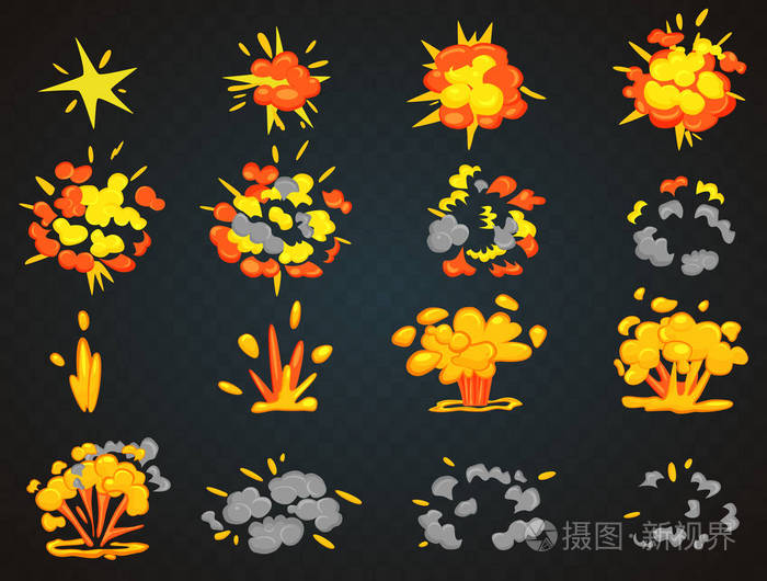 炸弹卡通爆炸动画的关键帧.砰的顶部和正面视图矢量插图