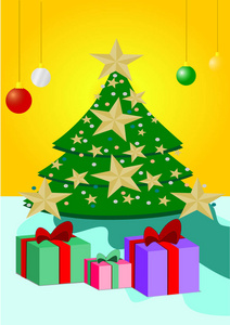 圣诞树上有礼品盒背景的金星