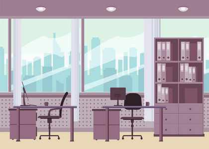 现代办公室内部。矢量卡通风格, 插图, 隔离