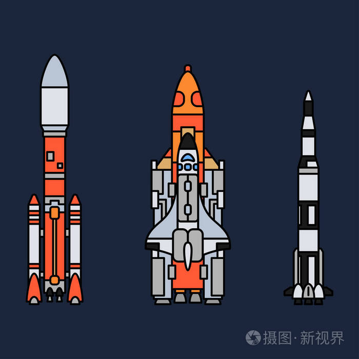 卡通风格的火箭, 宇航员的冒险.太空船技术例证.空间调查.星系.