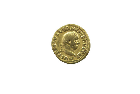描绘罗马皇帝维泰利乌斯的金币。 孤立的白色