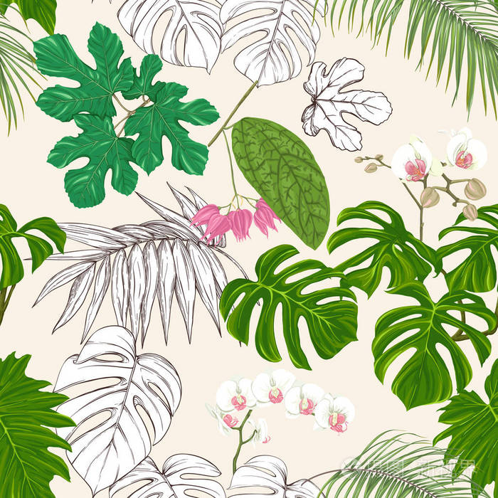 热带植物和白兰花. 无缝图案背景. 矢量图. 在柔软的黄色背景上.