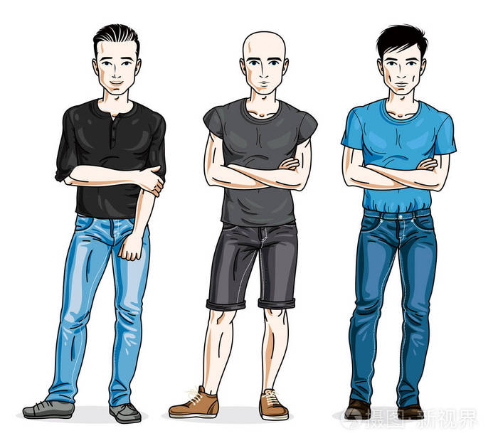 自信英俊的男人摆着时髦的休闲服矢量人插图集生活方式主题男性人物