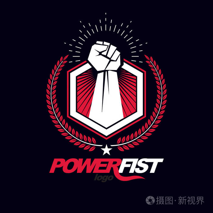 矢量符号创建使用紧握拳头的运动强壮的人保护盾牌鸟翼和不同的图形