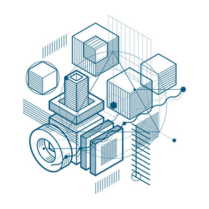 等距抽象背景与线条等不同元素矢量抽象模板。 立方体六边形矩形和不同抽象元素的组成。
