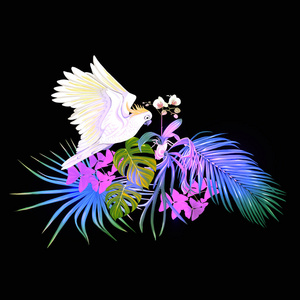 热带植物的组成，棕榈叶怪物和白色兰花与鹦鹉在植物学风格的彩色矢量插图霓虹灯荧光颜色。 孤立在黑色背景上。
