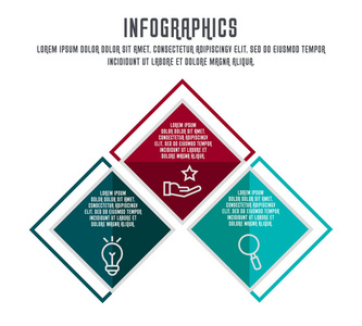 平面矢量插图。 信息模板与三个元素四边形与图标。 设计用于业务演示，网页设计流程图培训，有3个步骤。