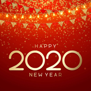 红色新年快乐2020夜卡与纸旗, 装饰灯