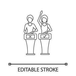 测验显示线性图标。 智力游戏玩家回答问题。 细线插图。 问答游戏的参赛者按下按钮站在蜂鸣器。 矢量孤立绘图。 可编辑行程