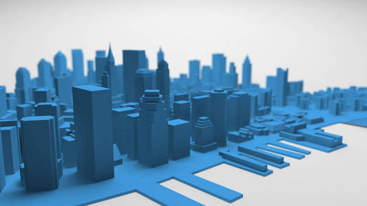 三维蓝色城市全景孤立在白色背景上。 3D渲染