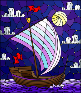 彩色玻璃样式的插图，帆船轻帆对星空大海和月亮