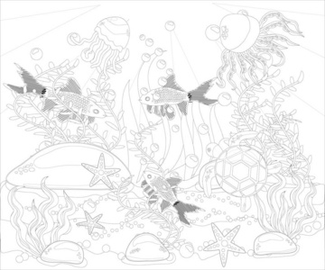 水下世界。 成人防应力着色书。 轮廓绘图着色页。 黑白的禅宗风格。 海壳。 海洋主题。