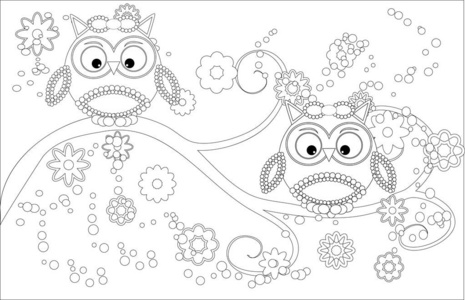 成人和年长儿童着色书。 彩色页面与可爱的猫头鹰和花卉框架。 带状风格的轮廓图