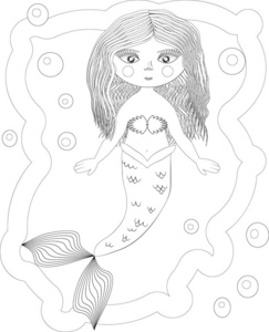 美丽的美人鱼。 水下世界。 成人防应力着色书。 轮廓绘图着色页。 黑白的禅宗风格。 海壳。 海洋主题。
