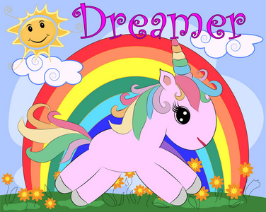 粉红色的独角兽在一片有花的草地上，彩虹的太阳。 儿童插图童话故事