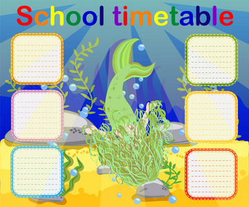 时间表与几个星期的学校。 卡通美人鱼和海龟儿童时间表。