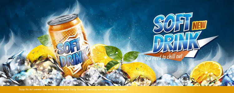软饮料横幅广告与冰块和柑橘元素在三维插图。