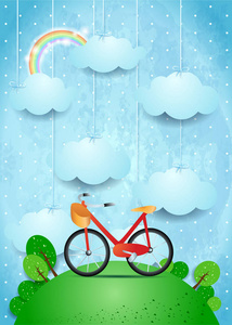 草地上挂着云和彩虹，骑着自行车