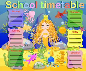 学校时间表模板海报，笔记，记事本，带有美人鱼主题插图