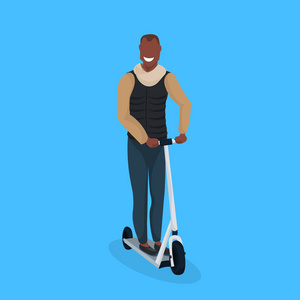 非洲裔美国人骑电动滑板车的家伙穿冬衣男性卡通人物全长平向量插图