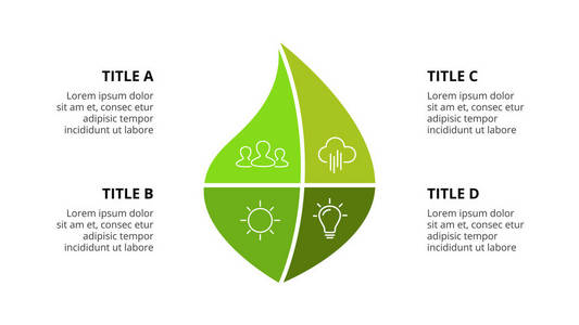 矢量信息图模板。绿叶。演示文稿幻灯片模板。业务理念, 包括4个选项部件步骤流程